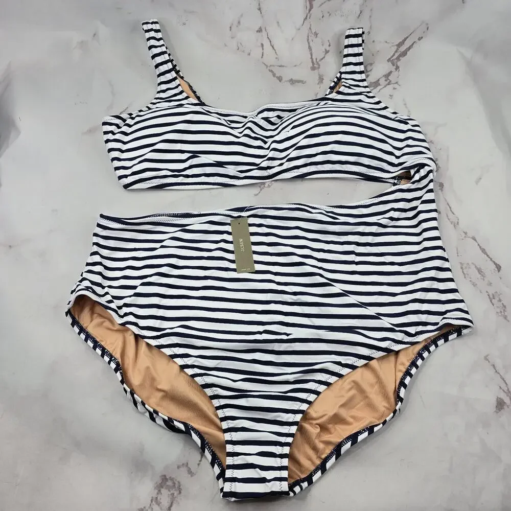 J Crew One Piece 24 3X Blue Striped Square Neck Cut Out Bikini Swim Suit